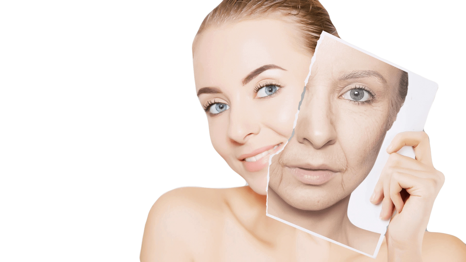 Image of a beautiful woman showing a picture of herself how she would look like after years, full of wrinkles, if she would not had skincare treatments with microneedling and NoTox